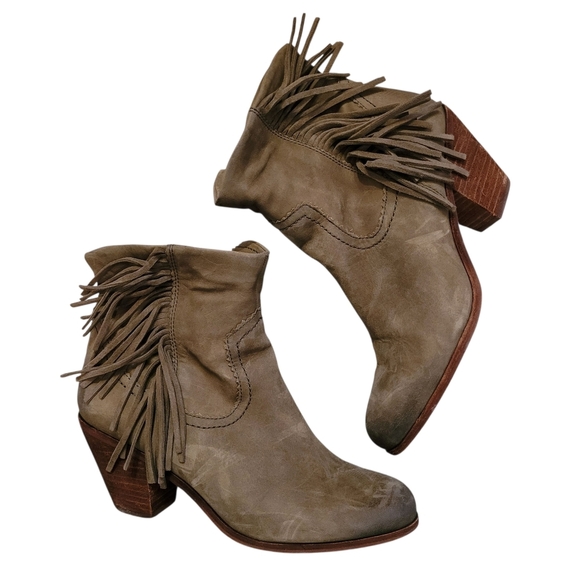 Sam Edelman Louis Louie Taupe Green Suede Leather Fringe Ankle Boots 10 Western - Picture 1 of 14